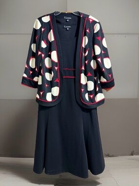 Vtg K Woman Collection Black Jacket & Dress Set w/Graphic Pattern-W16-EC